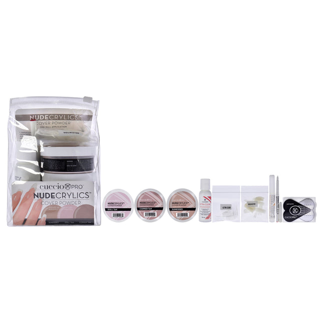 Cuccio Pro Nudecrylics Cover Powder Kit for Women - 9 Pc Set with Color Powders, Primer Pen, Instant Nail Glue, Monomer, Tips and Nail Forms