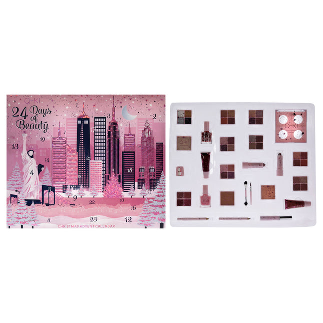 Q-KI 24 Days Of Beauty New York Advent Calendar Set for Women - 26 Pc Makeup Gift Set with Eye Shadows, Blusher, Mascara, Lip Liners, Nail Polishes, Bronzer, Highlighter, Lip Balm, Lip Gloss, Lipstick, Brushes, and Compact