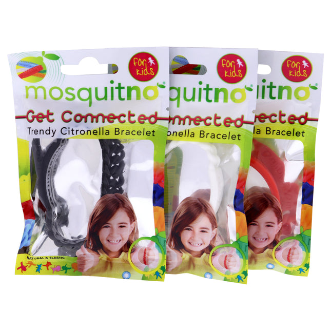 Mosquitno Get Connected Citronella Bracelet Set for Kids - 3 Pc Red, White, Black Bracelet Pack