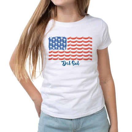 DelSol Women's Tropical Americana Classic Crew Tee - White, Large