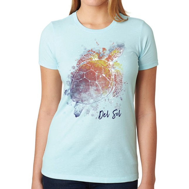 Women's Girls Crew Tee - Turtle Splash-Ice Blue T-Shirt in Medium Size from DelSol