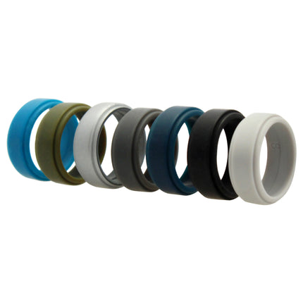Men's Silicone Wedding Ring Set by ROQ - Step Edge Style in Black, Grey, Silver, Blue, Navy Blue, Olive Green - 7 x 8 mm