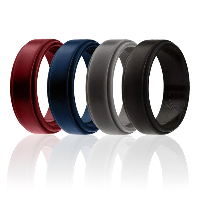 ROQ Silicone Wedding Ring Set for Men - Step Edge Style in Bordeaux, Black, Grey, Blue - 4 x 7 mm