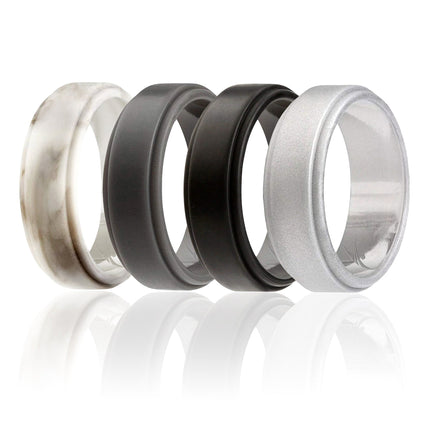 ROQ Silicone Wedding Ring Set - Step Edge Style for Men - Marble, Black, Grey, Silver - 4 x 7mm