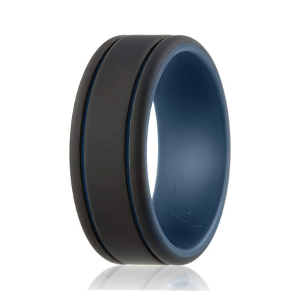 ROQ Men's Silicone Wedding Ring - Duo Collection 2 Thin Lines - Blue-Black - 8 mm Ring