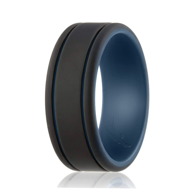 Silicone Wedding Ring - Duo Collection 2 Thin Lines - Blue-Black by ROQ for Men - 10 mm Ring - Stylish and Durable Option for Active Lifestyles