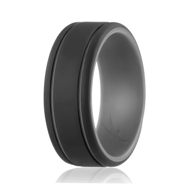 ROQ Silicone Wedding Ring - Duo Collection 2 Thin Lines - Grey-Black for Men - 11 mm Ring
