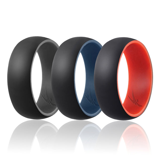 ROQ Silicone Wedding Ring Duo Collection Dome Style Set for Men - 3 x 8 mm Grey-Black, Blue-Black, Red-Black - Perfect for Active Lifestyles