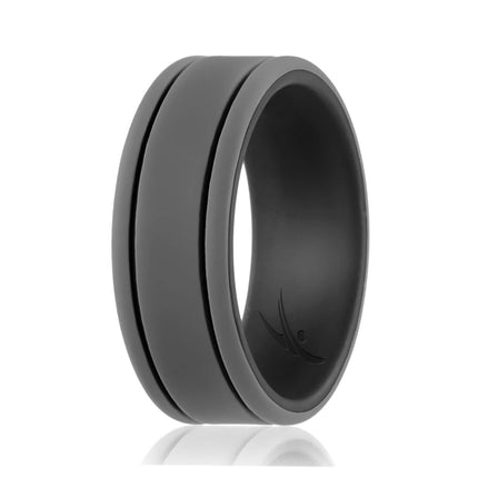 Silicone Wedding Ring Duo Collection 2 Thin Lines Black-Grey by ROQ for Men - 9 mm