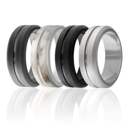 Silicone Wedding Ring - Engraved Middle Line Set by ROQ for Men - 4 x 15 mm Marble, Black, Grey, Silver - Stylish and Durable Wedding Band
