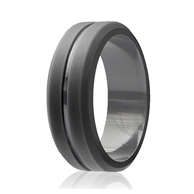 ROQ Men's Silicone Wedding Ring - Engraved Middle Line - Grey, 8 mm Band