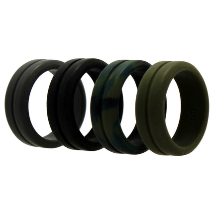 Men's Engraved Middle Line Olive Camo Silicone Wedding Ring Set by ROQ - 4 x 9 mm