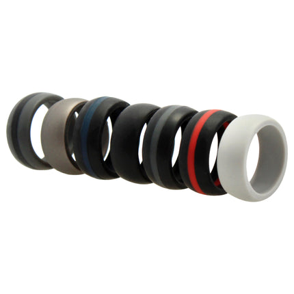 ROQ Men's Silicone Wedding Ring - Dome Style with Middle Line Set - Light Grey, Platinum, Black, Black with Thin Red Line, Black with Thin Blue Line, Grey with Black Line, Black with Grey Line - 7 x 7 mm