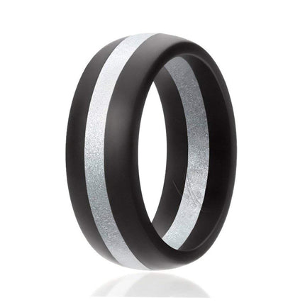 ROQ Silicone Wedding Ring - Dome Style with Middle Line - Black-Silver for Men - 11 mm Ring
