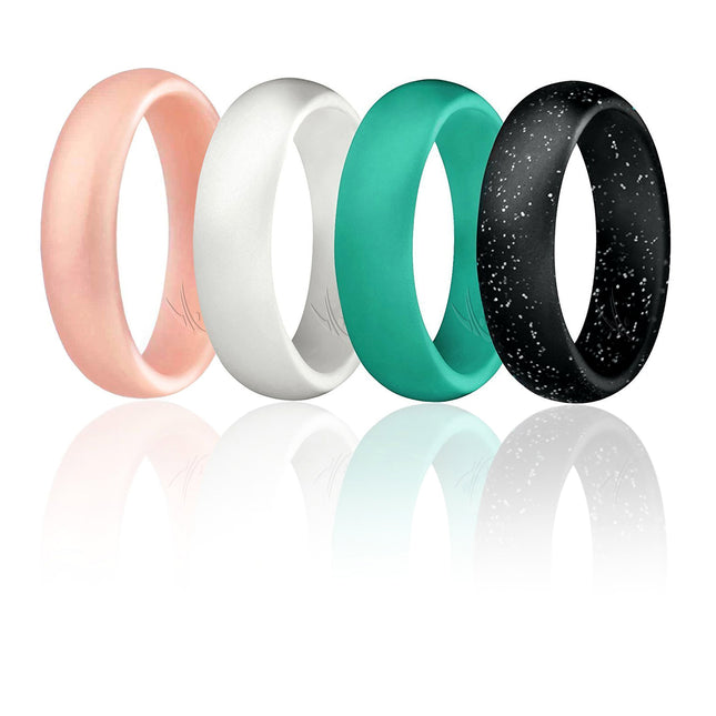 Silicone Wedding Ring Dome Style Set by ROQ for Women - Turquoise, Rose Gold, White, Black with Glitter Silver - Pack of 4