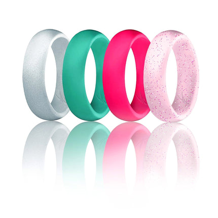 ROQ Silicone Wedding Ring Set for Women - Dome Style, Pink, Turquoise, White, Pink Glitter, Silver 4 x 4 mm