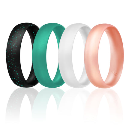 Silicone Wedding Ring Set by ROQ for Women - Thin Dome Style Comfort Fit Rings in Turquoise, Black, Glitter Turquoise, White, and Rose Gold
