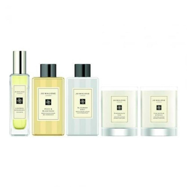 Jo Malone 5 Pcs Set: Lime Basil &amp; Mandarin 1 Oz Cologne + Peony Blush &amp; Suede 3.4 Body Wash + Blackberry &amp; Bay 3.4 Body Lotion + English Pear &amp; Freesia 2.1 Candle + Pomegranate Noir 2.1 Candle