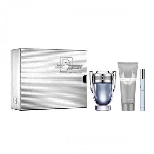 Paco Invictus 3 Pcs Set: 3.4 Eau De Toilette Spray + 3.4 All Over Shampoo + 0.34 Oz Mini Eau De Toilette Travel Spray (Metal Box)