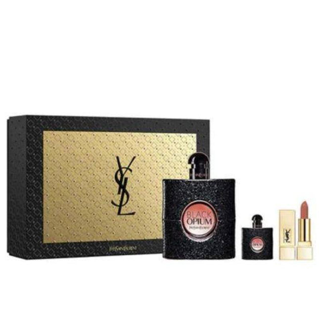 YSL BLACK OPIUM 3 PCS SET FOR WOMEN: 3 OZ EAU DE PARFUM + 0.25 EAU DE PARFUM + LIPSTICK (HARD)