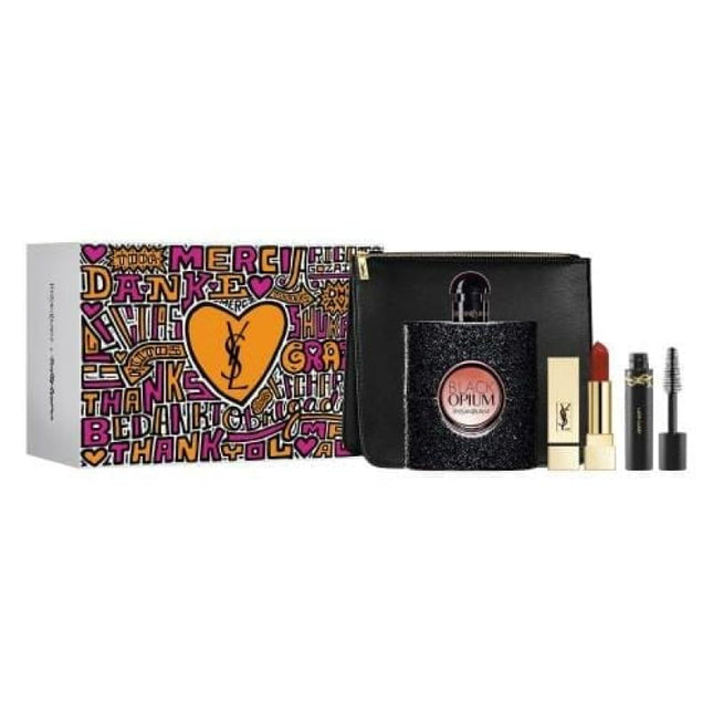 Ysl Black Opium 4 Pcs Set For Women: 3 Oz Edp + 0.04 Lipstick + 0.06 Mascara + Pouch