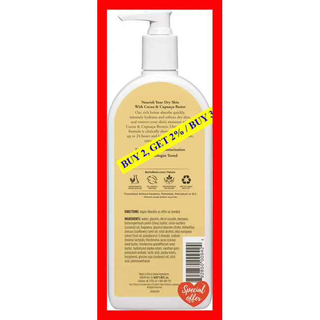 Cocoa And Cupuacu Butters Body Lotion By Burts Bees For Unisex - 12 Oz
