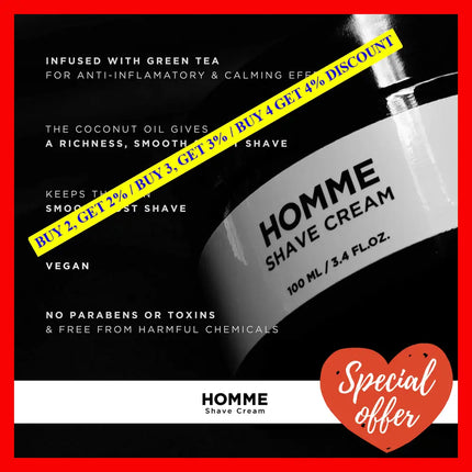 Homme Shave Cream Designed For Men - Infused With Green Tea Promotes Smoothness And Prevents Skin