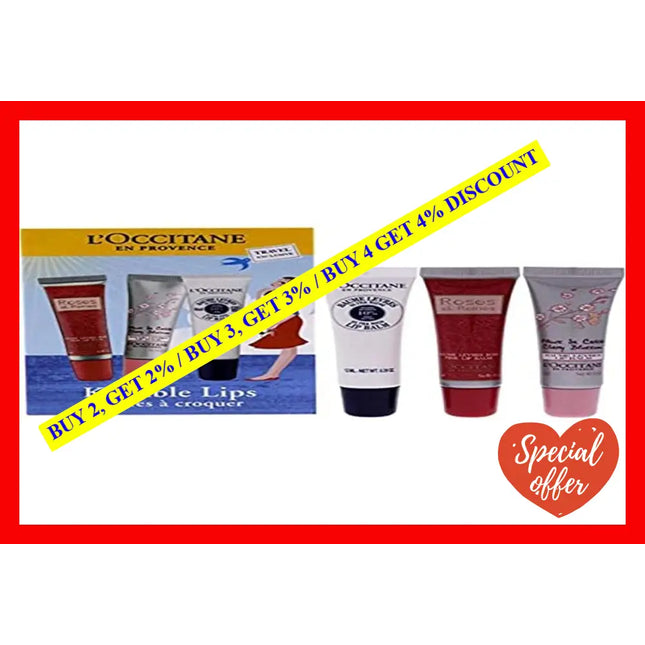 Kissable Lips Set By Loccitane For Women - 3 Pc 0.4Oz Shea Butter Ultra Rich Lip Balm 0.39Oz Roses
