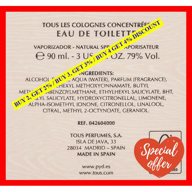 Les Colognes Concentrees By Tous For Men - 3.4 Oz Edt Spray