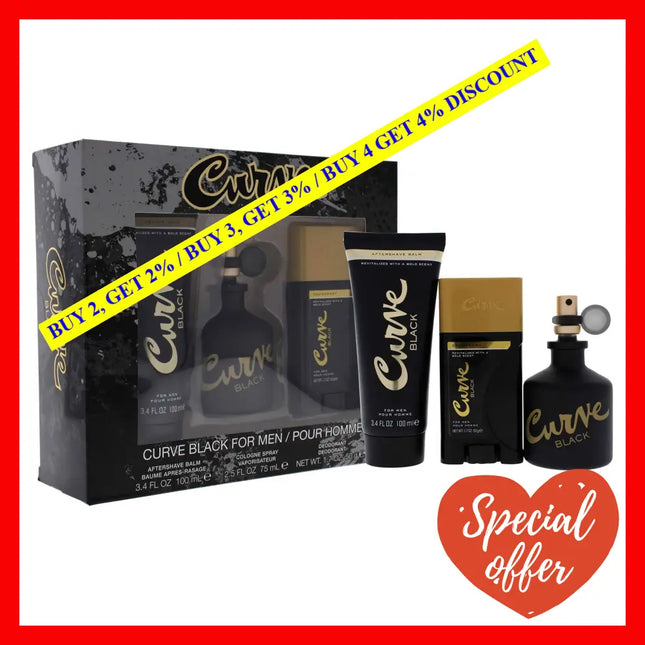 Liz Claiborne Curve Black For Men 3 Pc Gift Set 2.5Oz Edc Spray 3.4Oz After Shave Balm 1.7Oz
