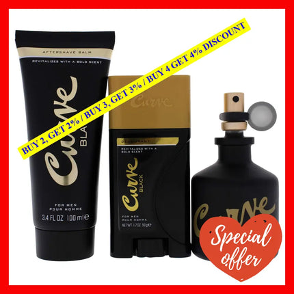 Liz Claiborne Curve Black For Men 3 Pc Gift Set 2.5Oz Edc Spray 3.4Oz After Shave Balm 1.7Oz