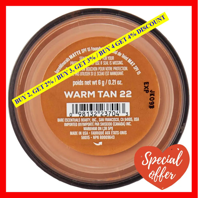 Matte Foundation Spf 15 - Warm Tan (W35) By Bareminerals For Women 0.21 Oz