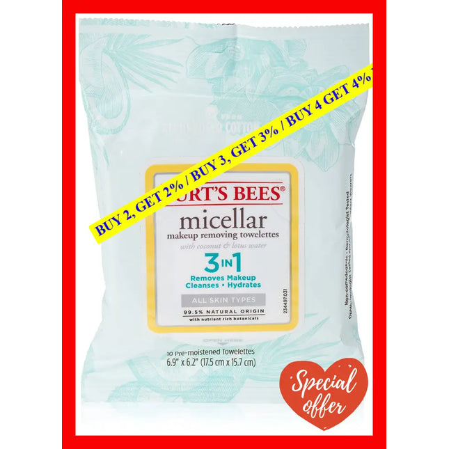 Micellar Makeup Removing Towelettes - Coconut And Lotus Water By Burts Bees For Women 10 Count