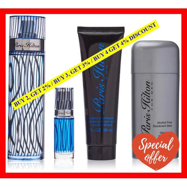 Paris Hilton By For Men - 4 Pc Gift Set 3.4Oz Edt Spray 3Oz Hair And Body Wash 2.75Oz Alcohol Free