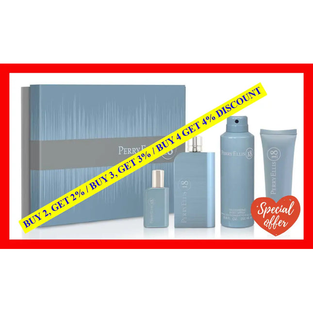 Perry Ellis 18 By For Men - 4 Pc Gift Set 3.4Oz Edt Spray 7.5Ml 6.8Oz Body 3Oz Hair And Wash