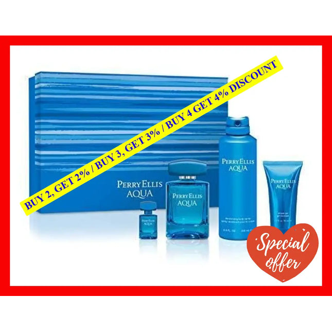 Perry Ellis Aqua By For Men - 4 Pc Gift Set 3.4Oz Edt Spray 0.25Oz 6.8Oz Deodorizing Body 1.7Oz