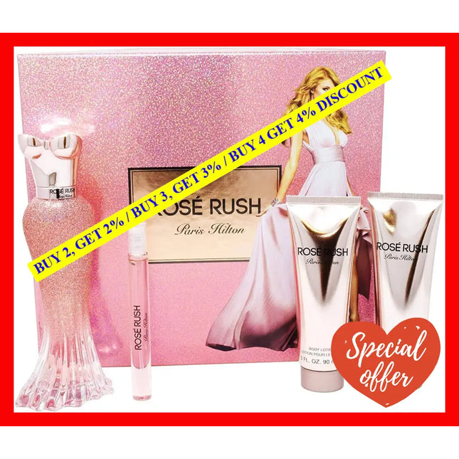Rose Rush By Paris Hilton For Women - 4 Pc Gift Set 3.4Oz Edp Spray 3.0Oz Body Lotion Shower Gel
