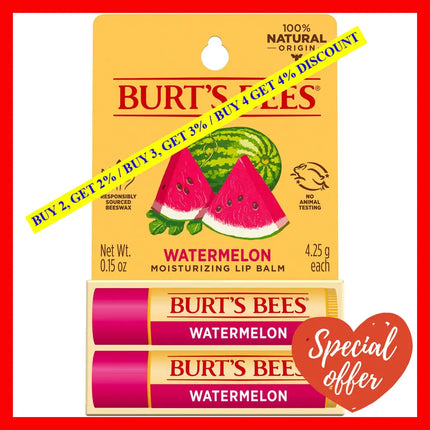 Watermelon Moisturizer Lip Balm Blister By Burts Bees For Unisex - 2 X 0.15 Oz