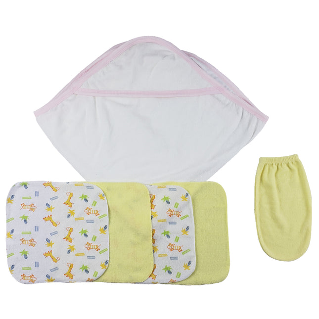 Pink Hooded Towel, Washcloths and Hand Washcloth Mitt - 6 pc Set  CS_0007