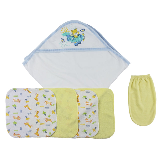 Blue Hooded Towel, Washcloths and Hand Washcloth Mitt - 6 pc Set  CS_0009