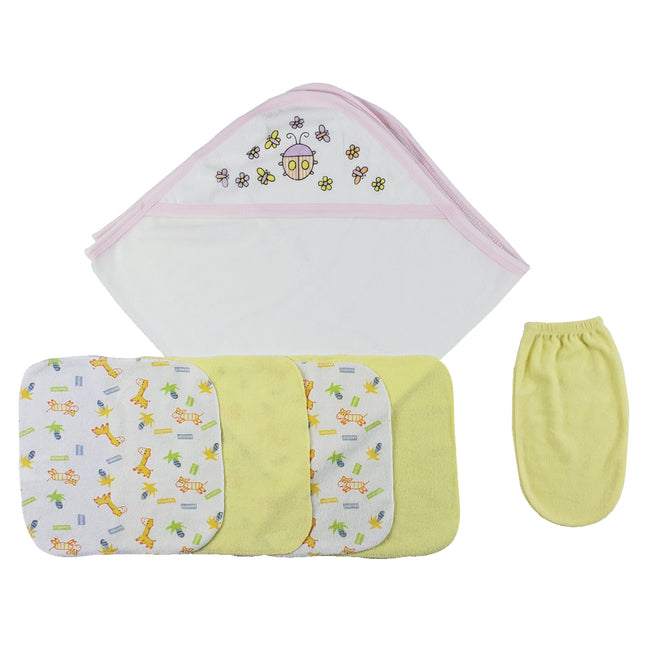 Pink Hooded Towel, Washcloths and Hand Washcloth Mitt - 6 pc Set  CS_0010