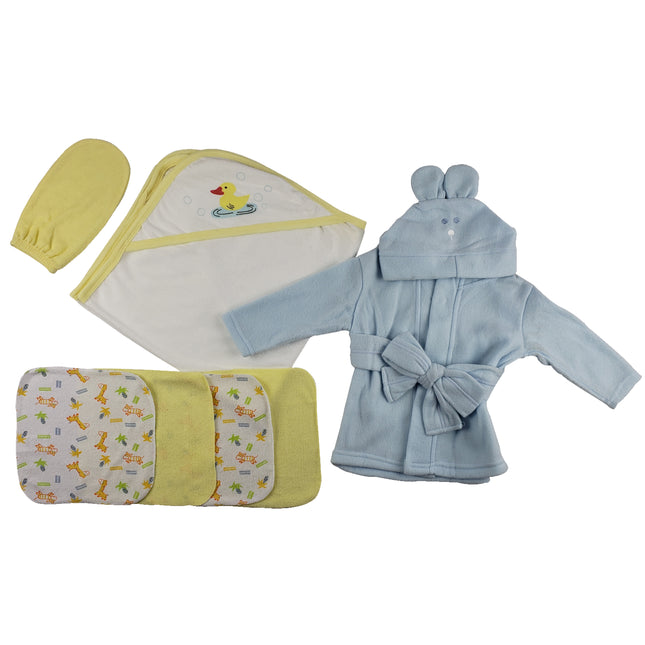 Blue Infant Robe, Yellow Hooded Towel, Washcloths and Hand Washcloth Mitt - 7 pc Set  CS_0013