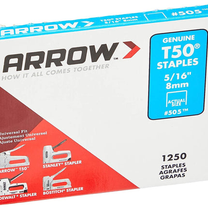 Arrow 505 Heavy Duty T50 5/16-Inch Leg Length, 3/8-Inch Crown, Staples for Upholstery, Construction, Furniture, Crafts, 1250-Pack