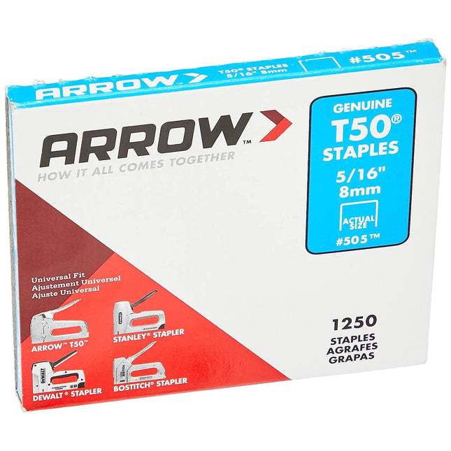 Arrow 505 Heavy Duty T50 5/16-Inch Leg Length, 3/8-Inch Crown, Staples for Upholstery, Construction, Furniture, Crafts, 1250-Pack