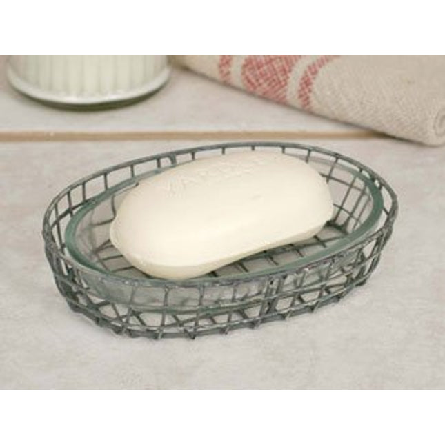 Oval Glass Soap Dish in Galvanized Metal Tray
