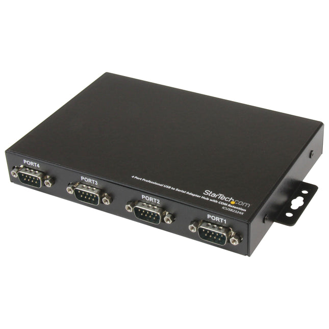 StarTech.com USB to Serial Adapter Hub - 4 Port - Wall Mount - COM Port Retention - Texas Instruments - USB to RS232 Adapter (ICUSB2324X), Black