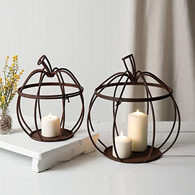 Set of Two Metal Pumpkin Candle Holders