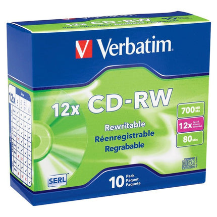 Verbatim CD-RW 700MB 4X-12X Rewritable Blank Media - 10 Discs in Slim Jewel Cases,Silver