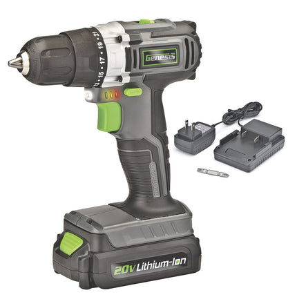 Genesis GLCD2038A 20V Lithium-ion Battery-Powered Cordless Variable Speed Drill Driver with 3/8" Chuck, Built-In LED Work Light, 20V Battery, Charger and Double-Ended Screwdriver Bit, Grey/Black/Green