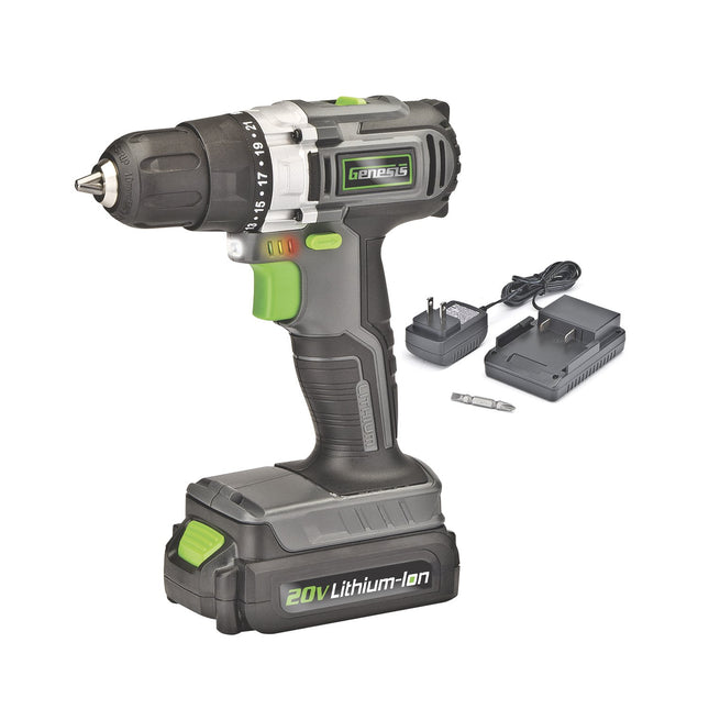 Genesis GLCD2038A 20V Lithium-ion Battery-Powered Cordless Variable Speed Drill Driver with 3/8" Chuck, Built-In LED Work Light, 20V Battery, Charger and Double-Ended Screwdriver Bit, Grey/Black/Green